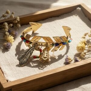 Gold Arrow Cuff Bracelet with Beads and Charms